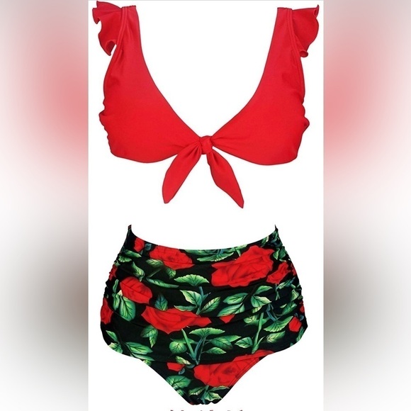 COCOSHIP Women's 14 Retro Floral High Waisted Bikini Tie Front Ruffle Swimsuit - Picture 1 of 5
